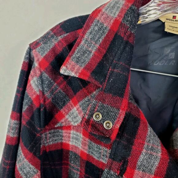 Vtg Woolrich Plaid Double Breast Pea Coat Jacket Womens Large Black Red Button - Picture 6 of 15